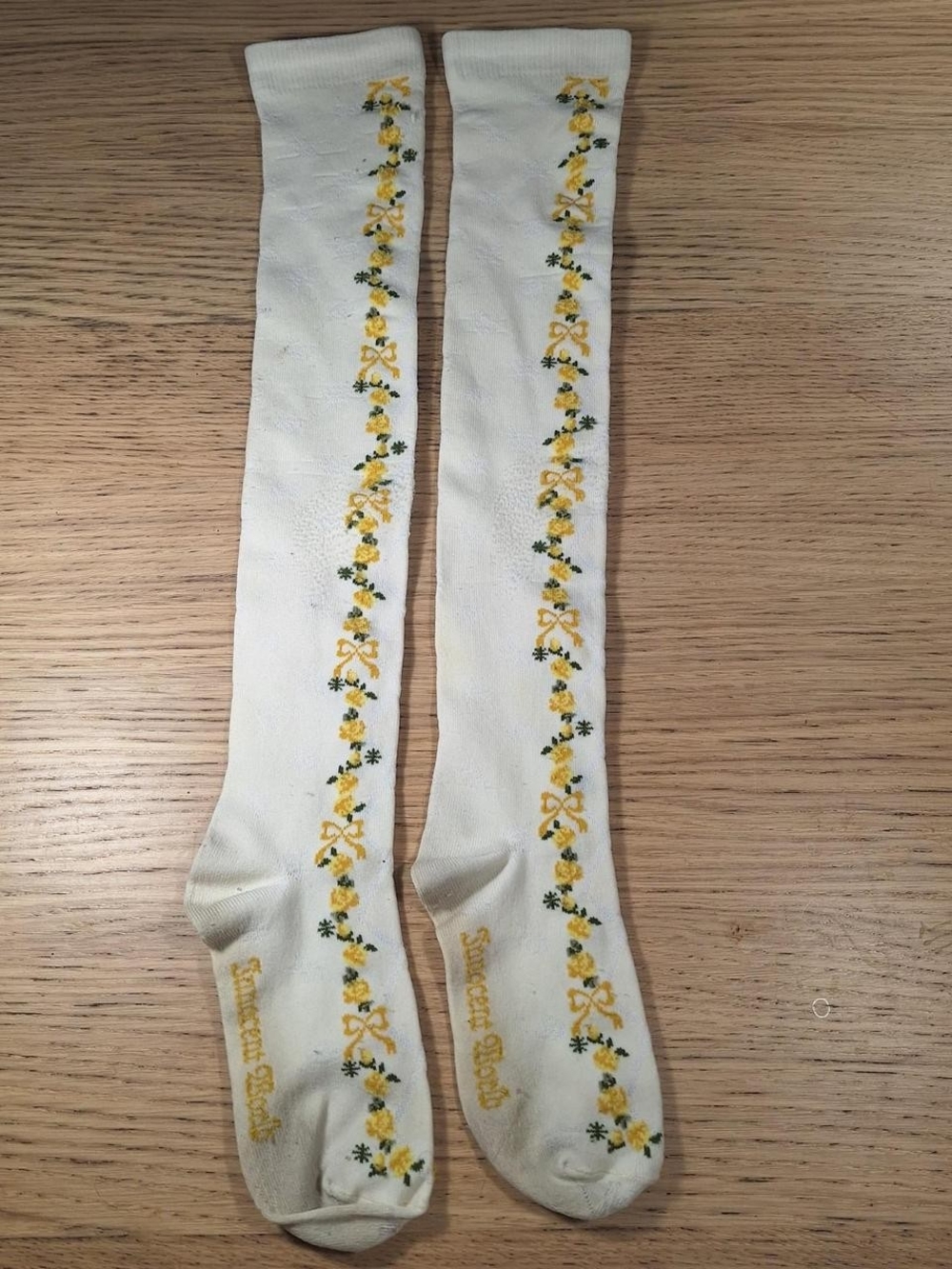 Innocent World Ivory Yellow Floral Bow OTK Socks | Classic Lolita